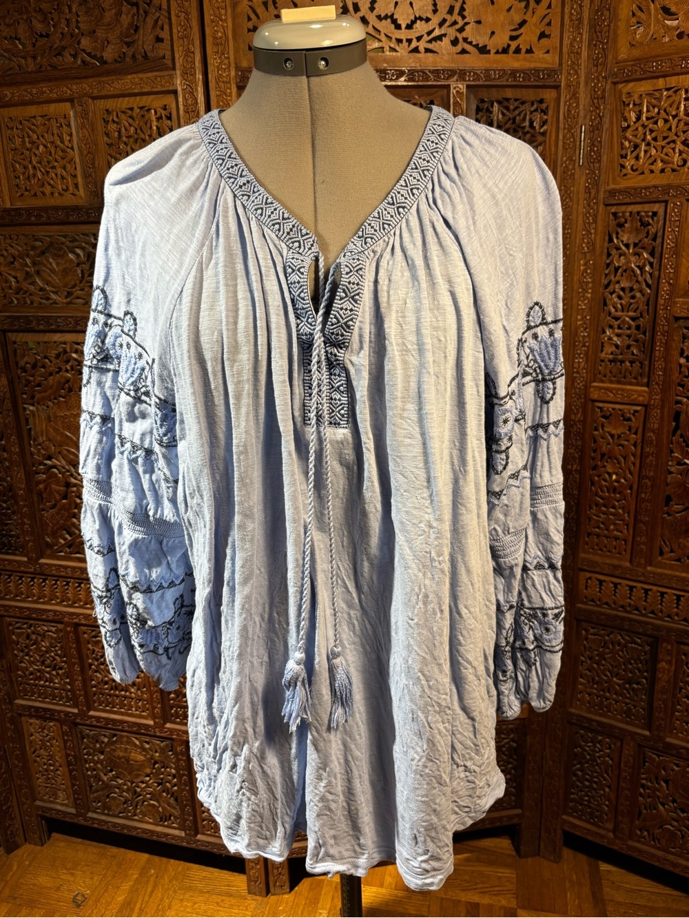 new directions Light Blue Embroidered Peasant Tunic with Tassel Tie